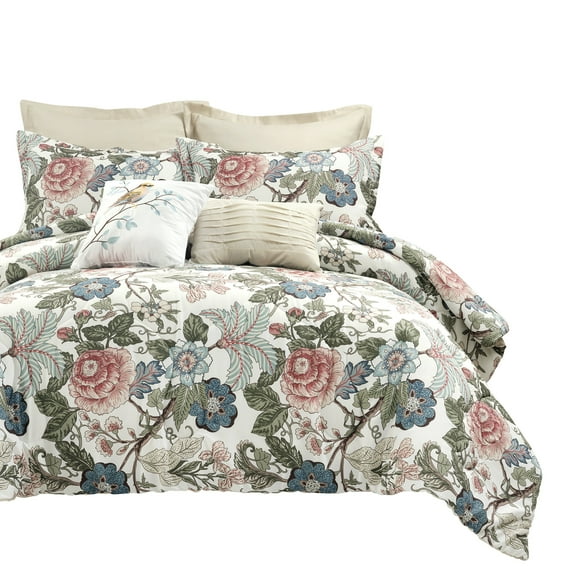Lush Decor Sydney Floral Comforter Set, 7 Piece Set, Full/ Queen, Green & Blue - Elegant & Colorful Floral Bedding Set With Euro Shams & Throw Pillows - Vintage & Country Cottage Bedroom Decor