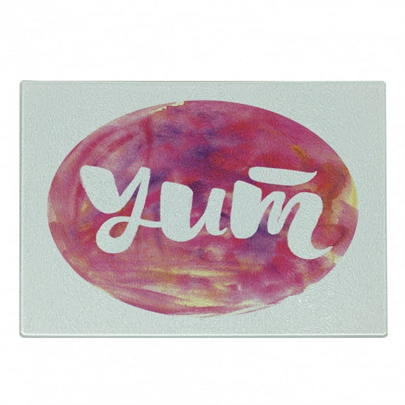 Yum Cutting Board, Calligraphy on Watercolor Round Shape Abstract Colorful Tasty, Decorative Tempered Glass Cutting and Serving Board, in 3 Sizes, by Ambesonne