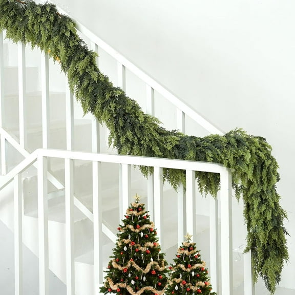 9FT 2Pcs Christmas Cedar Garland Artificial Realistic Soft Thick Green Faux Lush Cedar Pine Garland for Fireplace Mantel Stairs Doorframe Table Porch Indoor Outdoor Holiday Decor