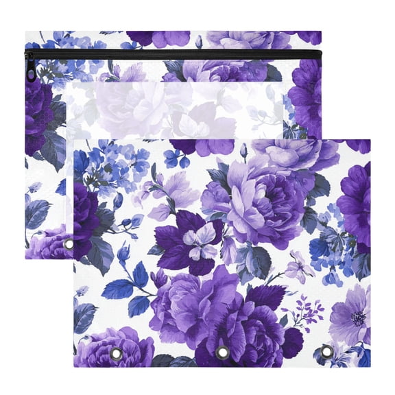 Beautiful Purple Florals 3-Ring Binder Pocket with Zipper Pencil Pouches A4 Size File Storage 2 Packs