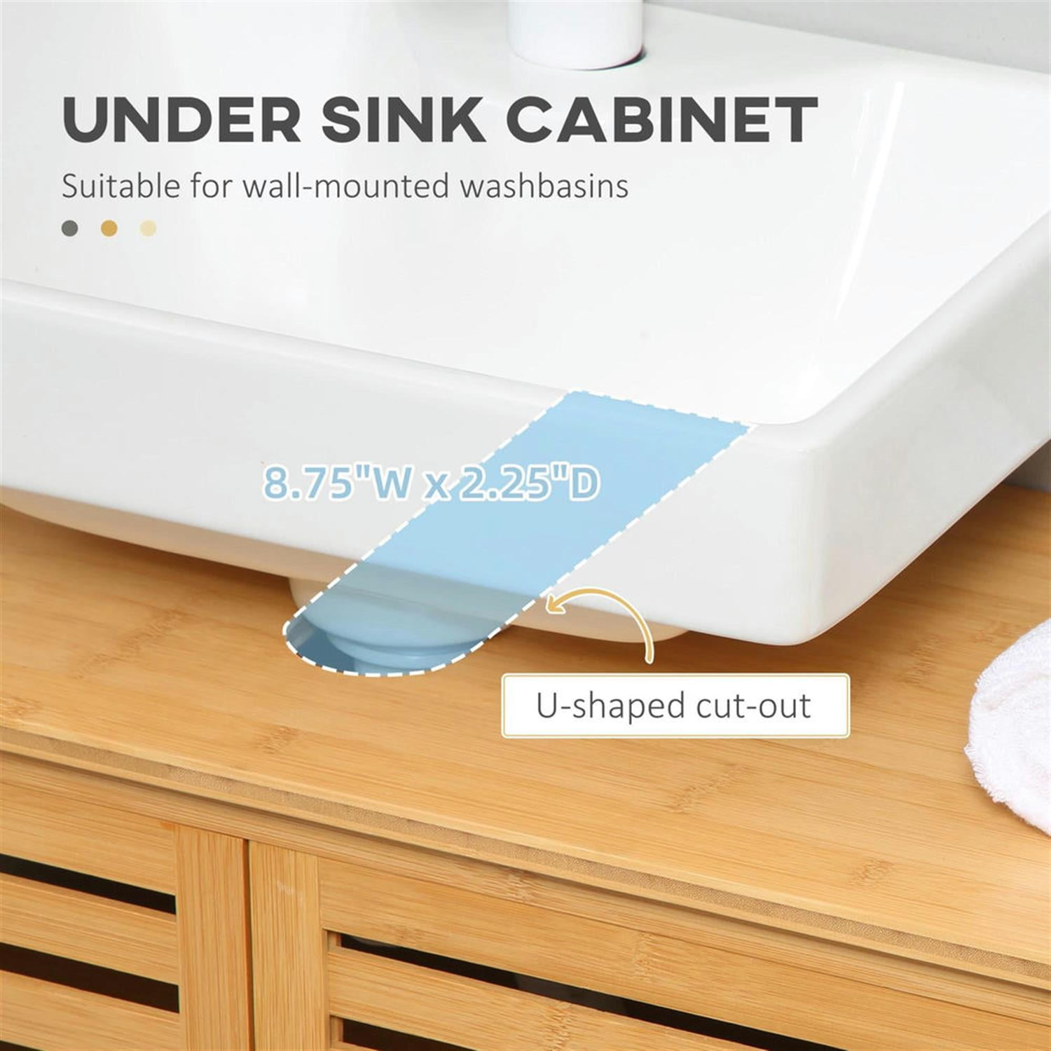 Demi Bonn 23" Bamboo Bathroom Vanity with U-Shape Cut-Out and Slatted Doors, Pedestal Sink 2-Door Cabinet, Under Sink Cabinet, Brown