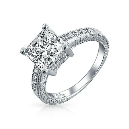 - 2.9 CT Bridal Engagement Promise Ring Princess Cut Square CZ Solitaire Pave Sidestones 925 Silver