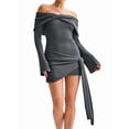thumbnail image 2 of Off Shoulder Sweater Dress for Women Long Sleeve Irregular Lace Up Sexy- Short Knit Dresses, 2 of 9