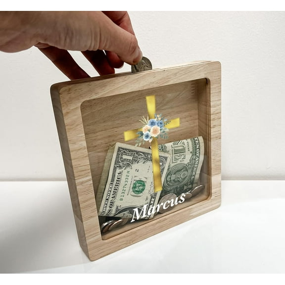 Personalized Baptism Money Box Savings Bank Room Decor, Godparent Gift, Baby Baptism Gift, Blessed Faith Cross Memory Box 1st First Communion Gift, Confirmation Gift, Made in America!