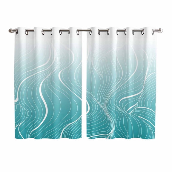 Aqua Blue Geometric Kitchen Curtains 63 Inch Length, Modern White Stripe Distortion Art Grommet Top Bedroom Living Room Curtains, Light Filtering Cafe Curtain Drapes 2 Panels Set 104''x63''