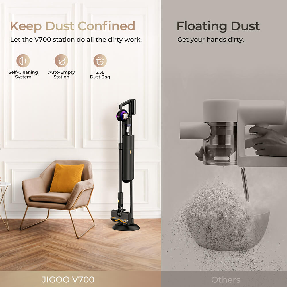 JIGOO Cordless Vacuum Cleaner Station with 2.5L Dust Capacity, 3 Modes, Dual LED, Auto Dust Collection JIGOO V700 Black