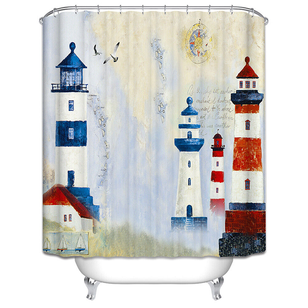 Lighthouse Shower Curtain Nautical Red White Blue Summer Sailboat Ocean