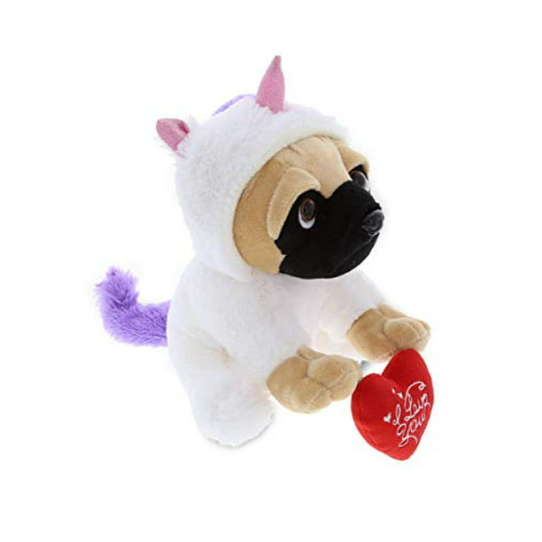DolliBu I Love You Pug Dog Unicorn Plush Dog Stuffed Animal with Red Heart  - 10 inches 
