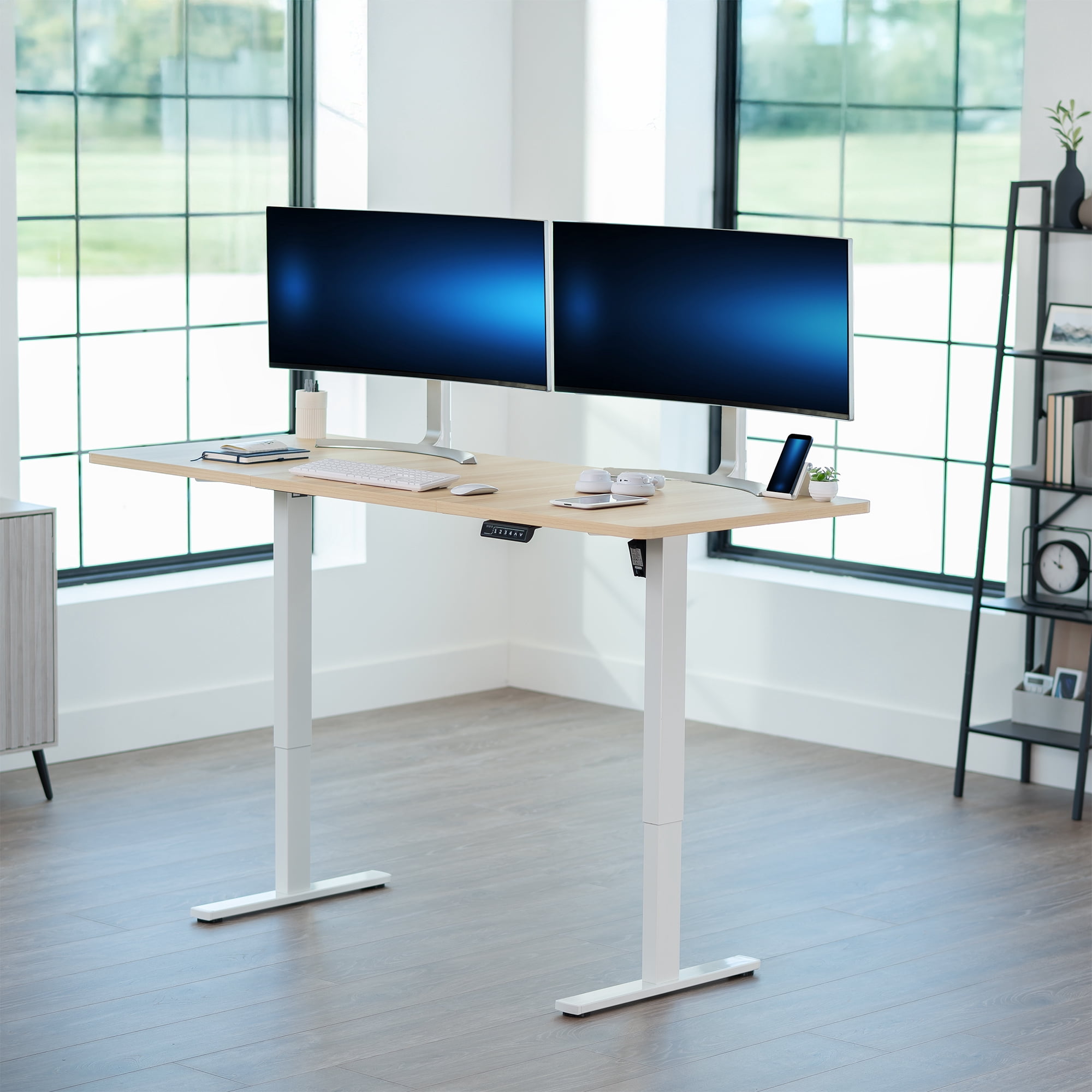 VIVO Electric 71” x 30” Stand Up Desk, Light Wood Table Top, White Frame