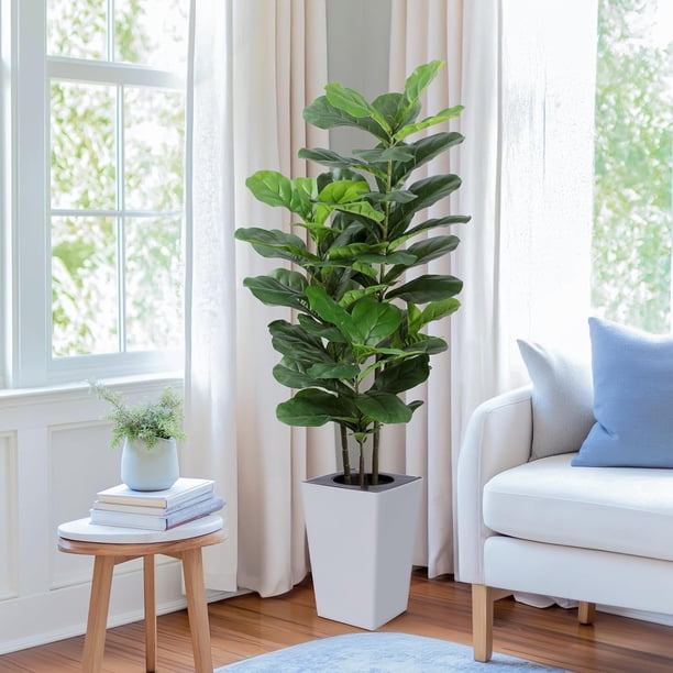 Árbol de Higuera de Hoja de Violín con Macetero Blanco - Plantas de Higo de Seda Falsas con Hojas Grandes de Violín, Árboles Artificiales para Decoración del Hogar Interior