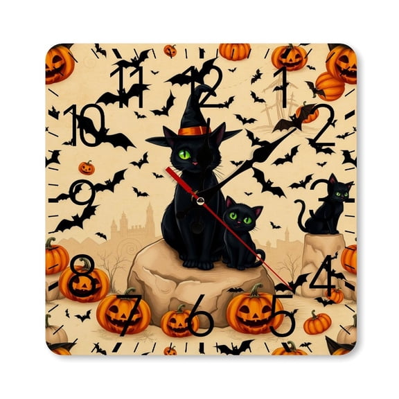 RKSupls 10×10inch Square Silent Wall Clock Wooden Frame, Halloween Black Cat Scale Decorative Clock for Home Bedroom Living Room Office