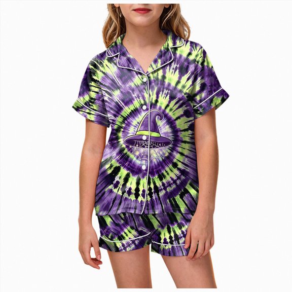 Girls Comfortable And Breathable Short Sleeved Top Shorts Home Clothes Halloween Cute Pattern Homewear Set