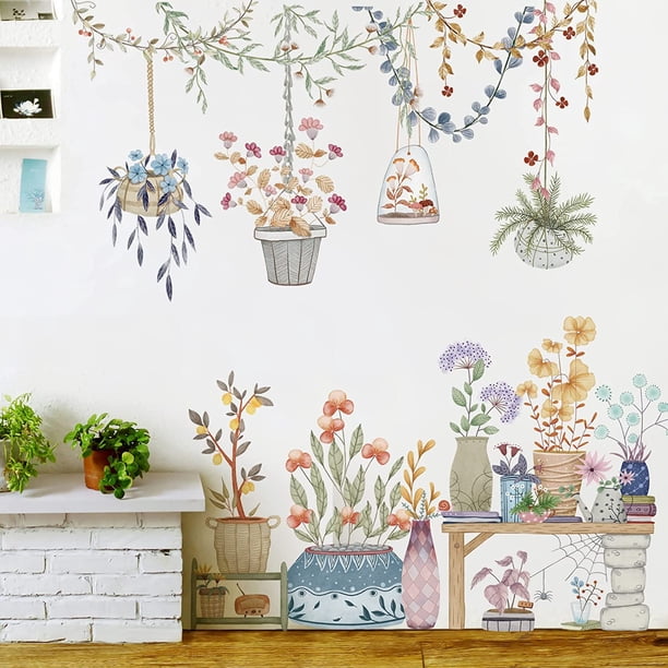 Extraíble Acuarela Colgante Maceta Pegatinas de pared Macetas Pegatinas de pared Plantas de colores Etiqueta de la pared Naturaleza Floral Colgante Etiqueta de la pared Murales de arte JAMW Sencillez
