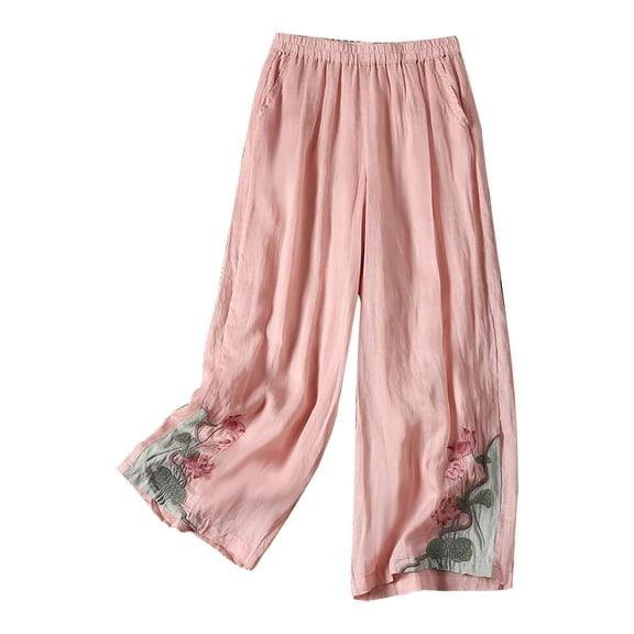 Endives Women' s Culottes Linen Blend Embroidered Wide Leg Pants Elastic Waist Casual Pants With Pockets Pink