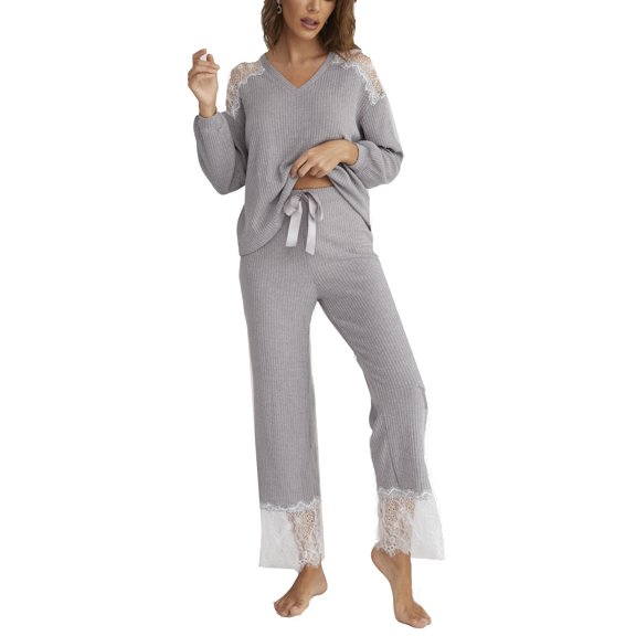 Richie House Women’s Pajama Set Long Sleeve Knitted Lace Top with Pants RHW2927-B-L
