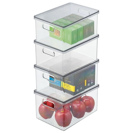 mDesign Plastic Storage Bin Box Container  Lid and Handles  4 Pack  Clear/Gray