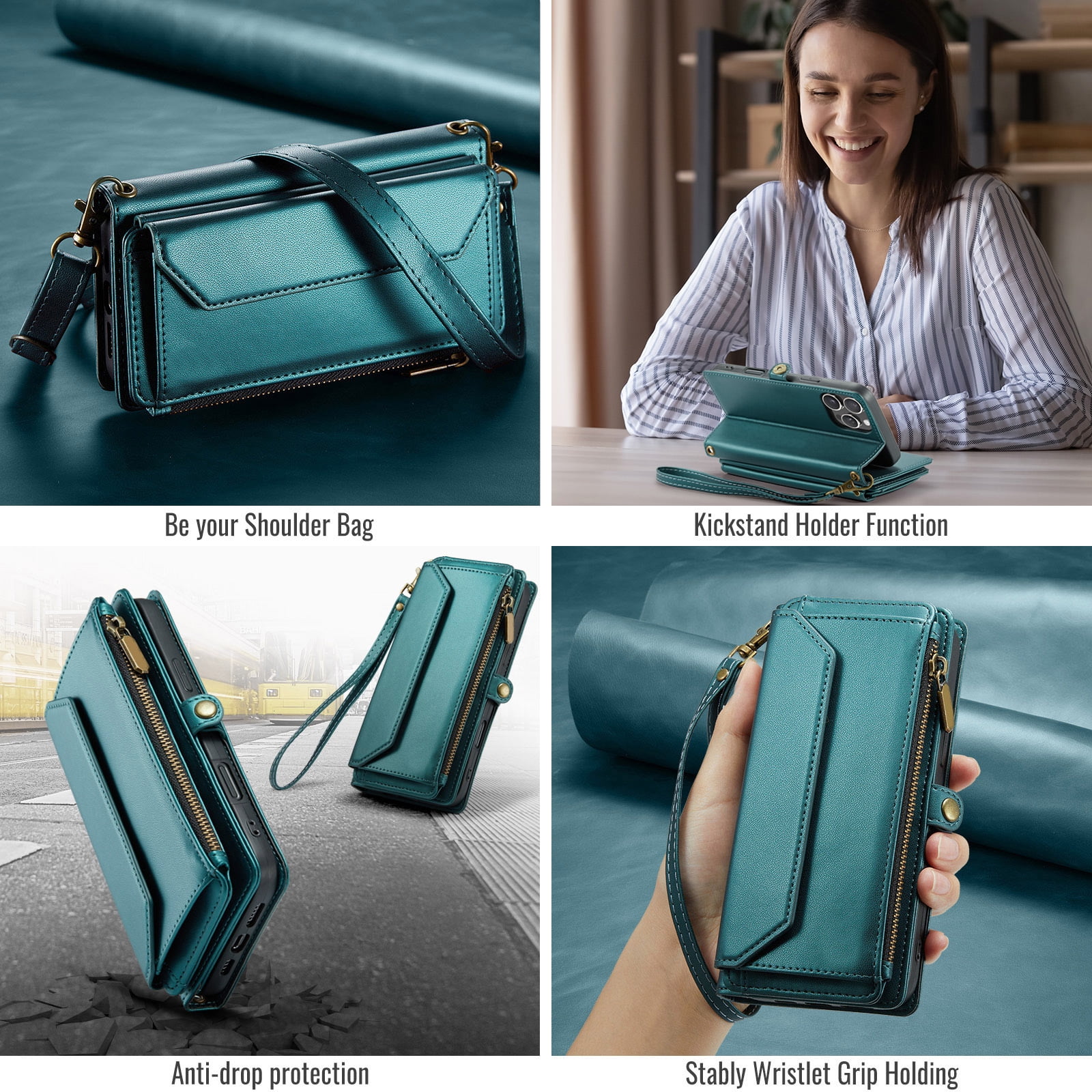 Compatible with iPhone 16 Pro Max 6.9 inch Zipper Wallet Phone Case Tempered Glass Screen Protector Crossbody Lanyard Strap Flip Card Holder Slot Cell Cover for i Phone16 16Pro i16ProMax Women Green