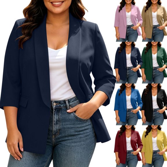 QINGFSAP Womens Plus Size 3/4 Sleeve Blazer Open Front Lapel with Pockets Lined Casual Work Jacket