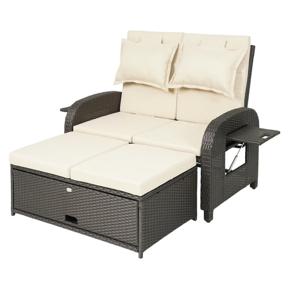 Patio Rattan Daybed, Outdoor Wicker Loveseat with Storage, Adjustable Backrest, Beige - 3-in-1 Convertible Daybed for Patio, Garden, Poolside