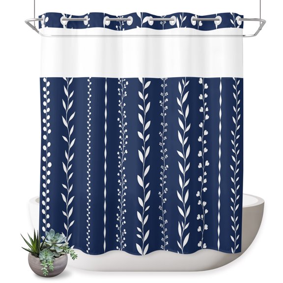 No Hook Shower Curtain, Modern Simple Lines Shower Curtains for Bathroom with See Through Top Window, Rustic Leaf Vertical Stripes Navy Blue Waterproof & Washable Bath Curtain Standard 72"x72"