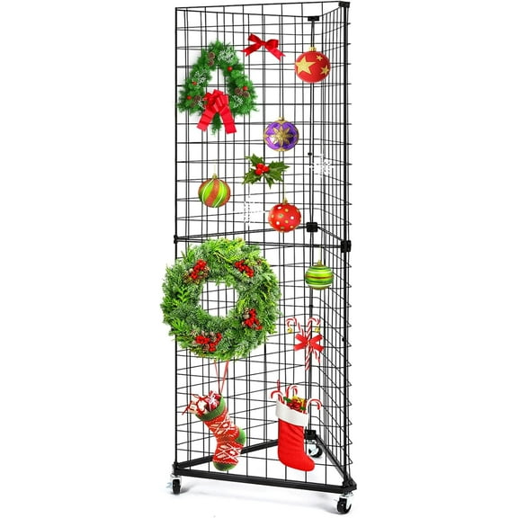 Triangular Gridwall Panel Display Stand, Black Triangle Wire Grid Tower with Base and Casters, 24" x 68" Rolling Grid Wall, Panel Stand for Home Organization, Retail, Trade Show, Vendor