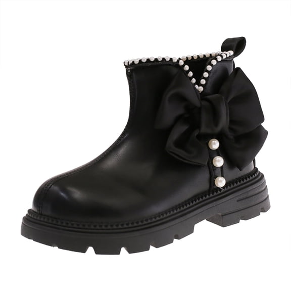 Toddler Girls Pearl Slip On Ankle Boots Kids Fleece Lined Mid Calf Platform Riding Booties Comfortable Princess Dress ShoesBlack Size 2 Big Kids