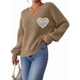 thumbnail image 3 of Sweaters for Female Lantern Sleeve Heart Print Pullover Embroidered Lace Patchwork Knit Pullover Camel S, 3 of 8