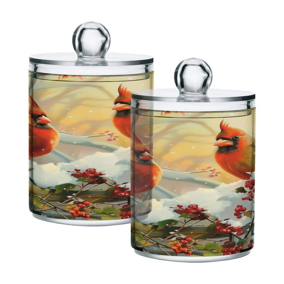 2 Pack Cardinals Bird on Garden Fence Qtip Holder Dispenser Clear Plastic Storage Apothecary Jars for Cotton Swabs Balls Pads Floss