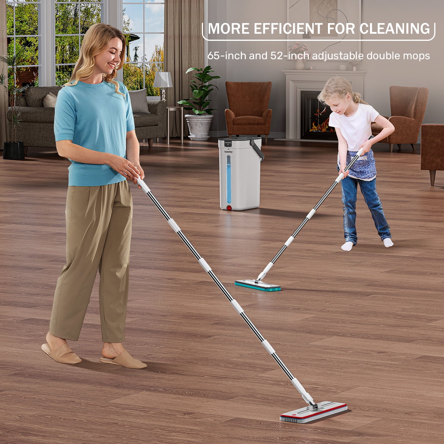 HoMettler Dual-Mop and Bucket Set, 3-Tank Flat Mop and Bucket System with Separate Dirty and Clean Water, Wall Cleaner Mop, Flat Mops for Floor Cleaning with 6 Microfiber Pads