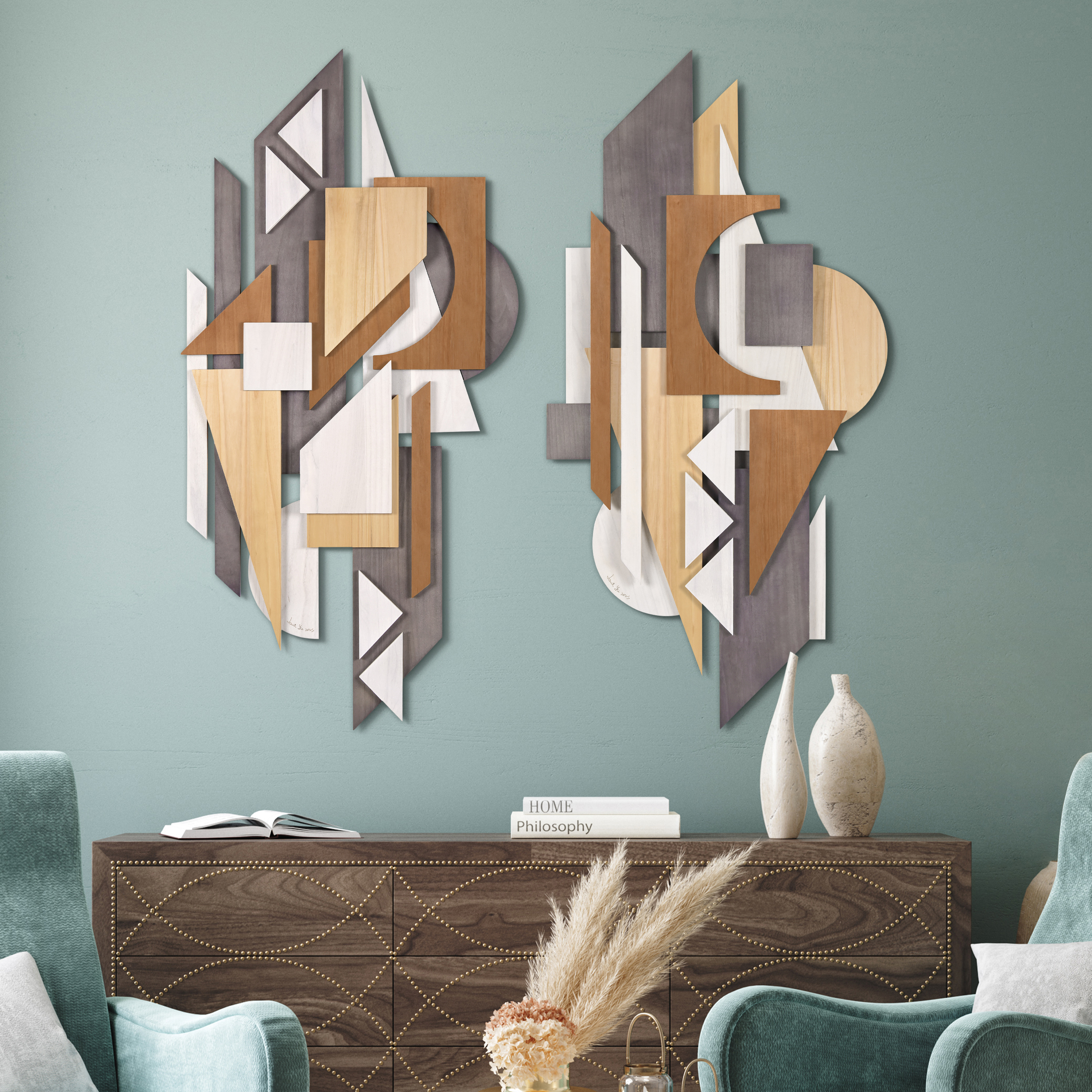 "Moonlit Mist I & II" Hand Made & Hand Finished Dimensional Solid Wood Abstracts