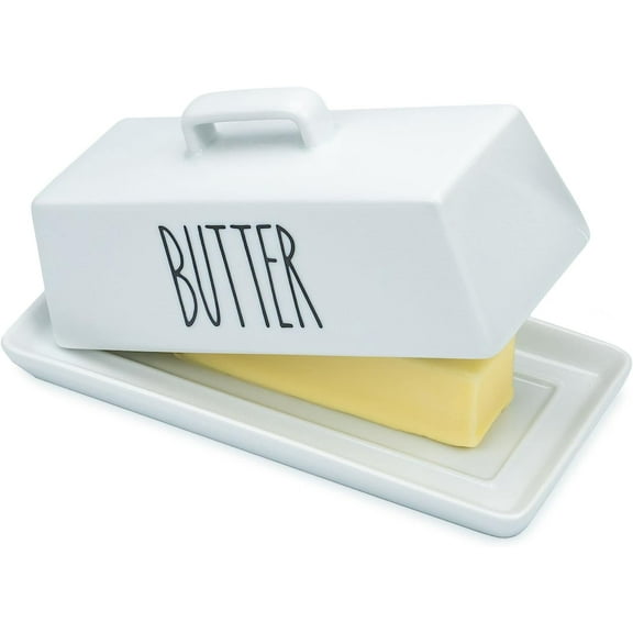 EnjinZZ Porcelain Covered Butter Dish with Lid for Countertop (Lid with Handle). 7.6" x 3.8" Butter Holder Container for One Stick of Butter. Textured Tray Butter Keeper for Non Slip Storage