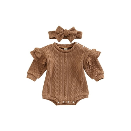 

Bagilaanoe Newborn Baby Girl Knitted Rompers Long Sleeve Bodysuit + Headband 6M 12M 18M 24M Infant Ribbed One Piece Jumpsuit