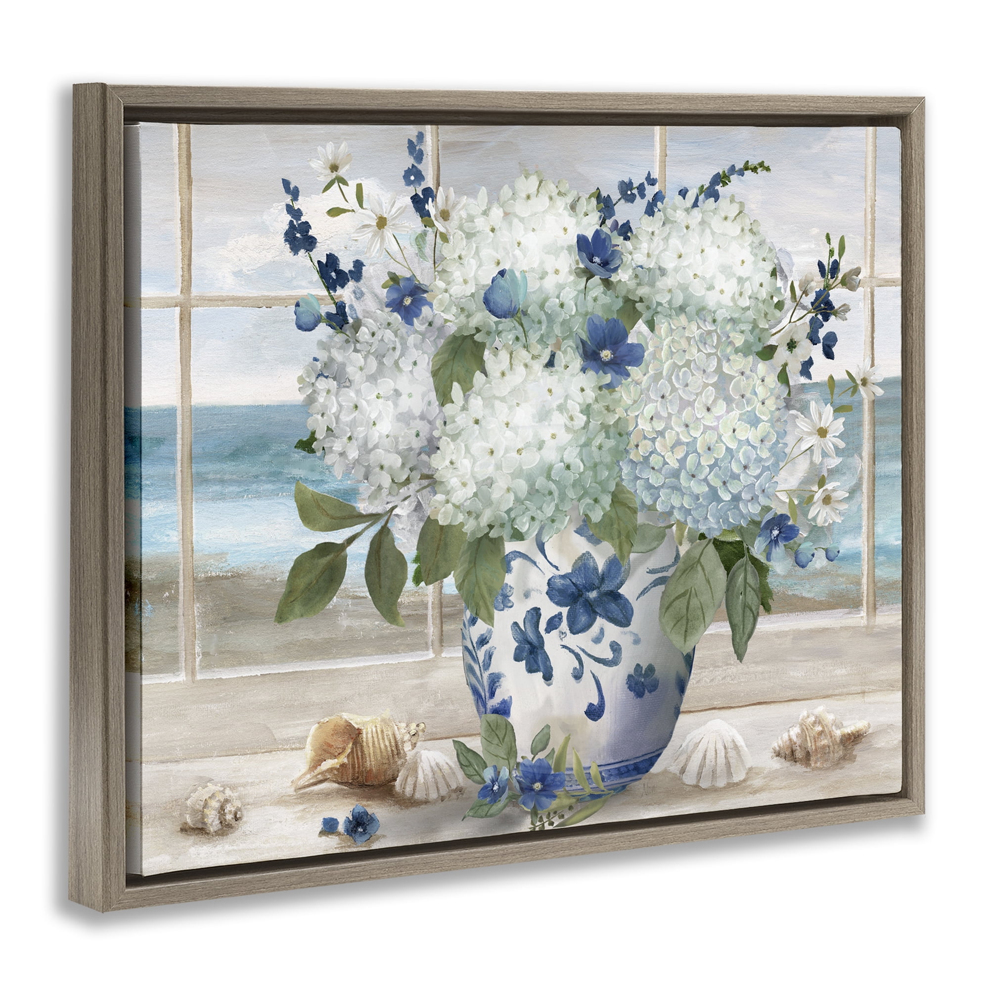 Stupell Industries Seaside Hydrangea Bouquet in Window Brown Framed Floater Canvas Wall Art, design by Nan