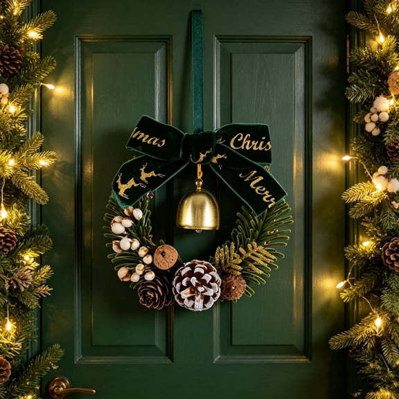 Tepsmf Christmas Wreath with Jingle Bells Hanging Ornament Festive Wall Door Decor for Home Indoor Party Holiday
