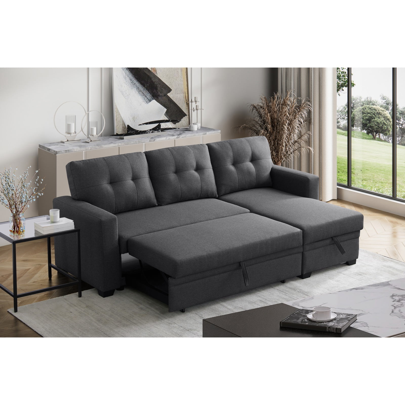 Hommoo 2 in 1 Pull Out Sofa Bed with Storage & Chaise, Linen Upholstered Sectional Sofa Convertible L Shaped Sleeper Sofa for Home,Dark Gray