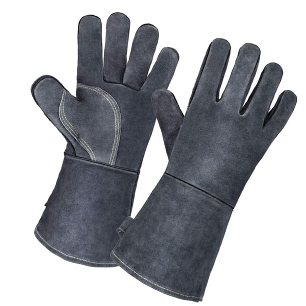 Guantes de soldadura Guante de barbacoa de cuero resistente al calor de 14 pulgadas con manga larga ignífuga y forro aislado