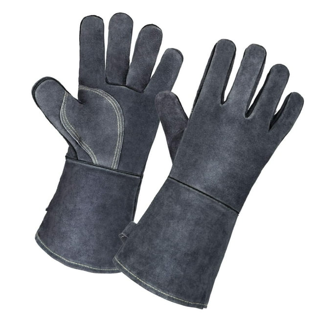Guantes de soldadura Guante de barbacoa de cuero resistente al calor de 14 pulgadas con manga larga ignífuga y forro aislado