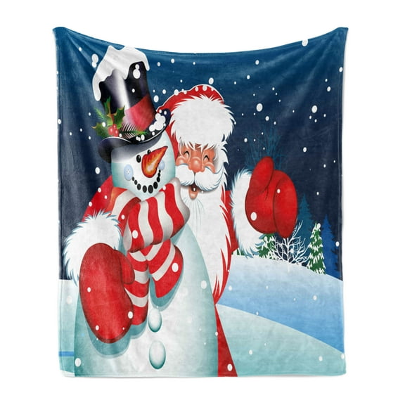 Christmas Soft Flannel Fleece Blanket, Smiling Santa Claus Hugging Snowman in Cartoon Style Winter Hills Fir Trees, Cozy Plush for Indoor and Outdoor Use, 70" x 90", Blue Red White, by Ambesonne