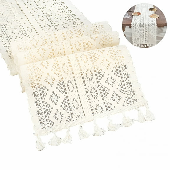AUQ Cotton Crochet Lace Rectangular Table Runner for Dresser Or Table Decor