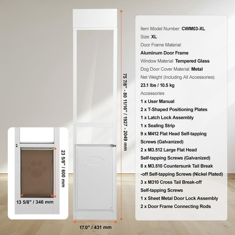 KFFKFF Dog Door for Sliding Glass Door, Adjustable Height from 75