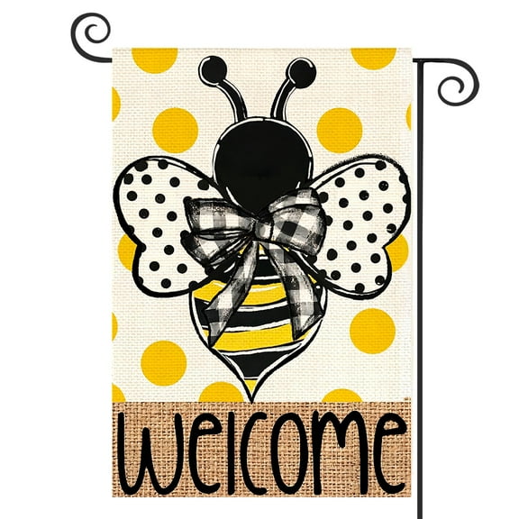 DMERBYL Summer Polka Dot Bee Welcome Garden Flag 12x18 Inch Double Sided Outside, Seasonal Holiday Burlap Yard Outdoor Decoration