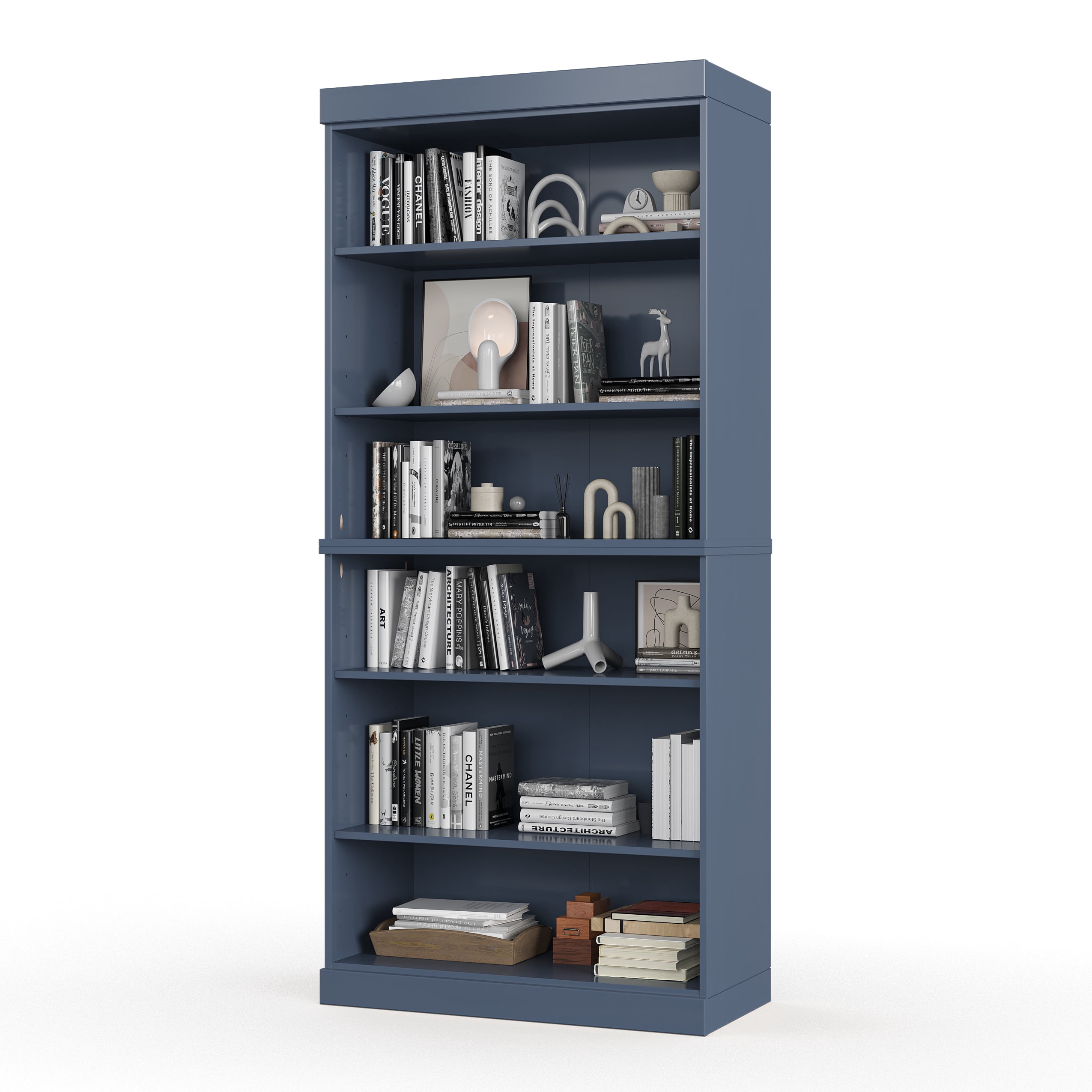 Solid Wood Bookcase - Stackable Modular 6 Tier Bookshelf - 71.5" Tall x 32" Wide - Antique Blue Book Shelf w/ Adjustable Shelves, Open Display Book Case for Living Room, 100% Eco-Friendly Wood