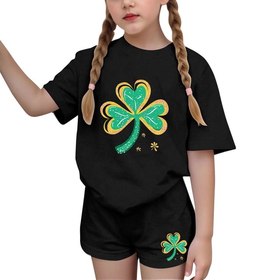 Girls Clothes 14-16 Sets Girls Summer Outfits 2 Piece Sets Casua Children's St. Patrick's Day Printed Short Sleeve Round-Neck Blouses Two-Piece Set for Kids(4-16 Years)