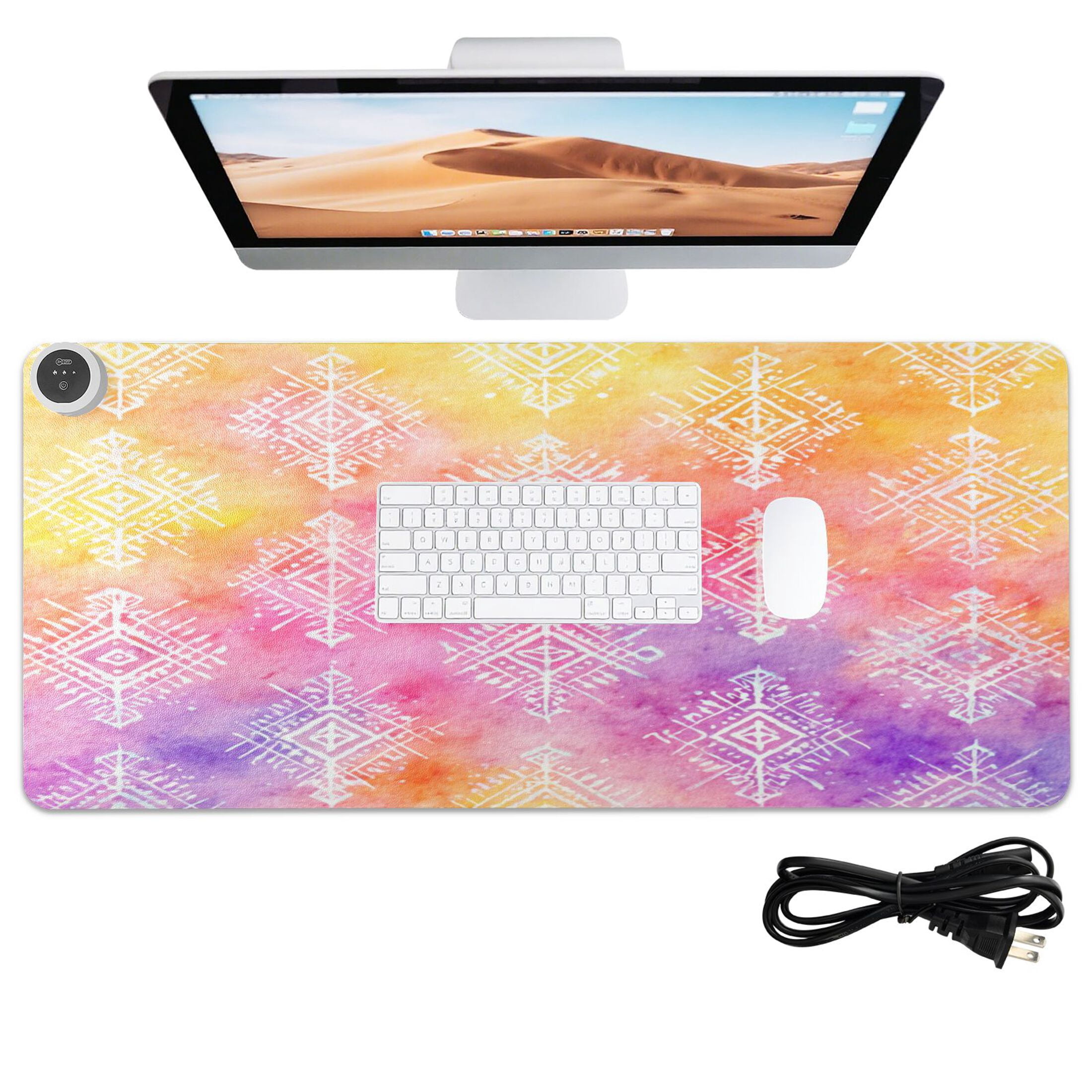 Large Heated Desk Mat Mouse Pad 31.5"x13"PU Leather Graphene Heating Desk Warmer with 3 Temperature Settings 110V US Plug Non-Slip Warm Pad for Home, Office, and Gaming Ombre Ethnic Geometric Print