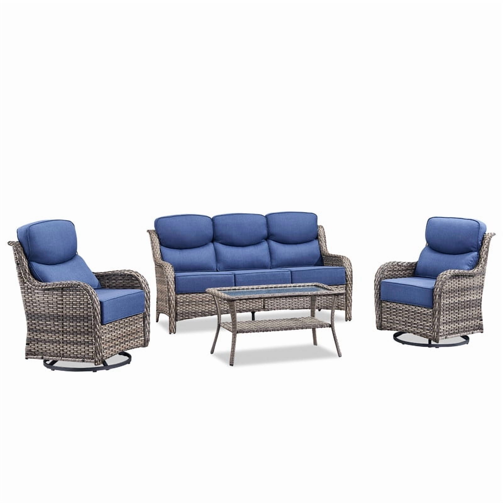 PARKWELL 4 Piece Outdoor Patio Furniture Set,All-Weather High Back Conversation Set with Luxury 6-Inch Thick Cushions,Swivel Glider Chair,5-Seat Furniture Sets for Garden, Deck, Backyard,Gray/Navy