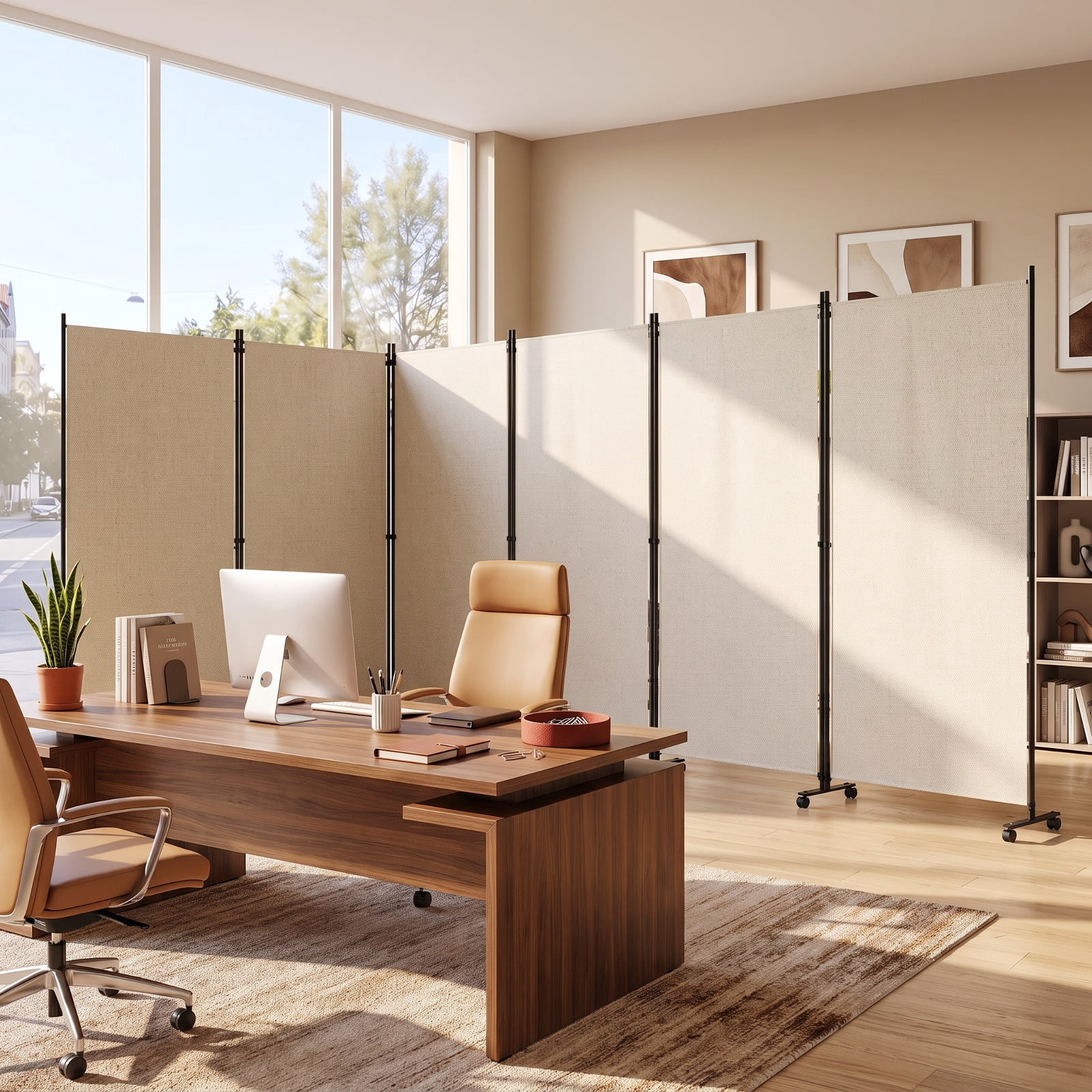 Vebreda 6-Panel Rolling Room Divider Folding Privacy Screen with Lockable Wheels, Freestanding Fabric Partition for Bedroom Office Studio, White