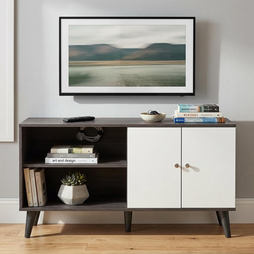 Mintazer 47.3" Mid-Century Modern TV Stand with Open Storage, Media Entertainment Centre with Cable Hole & 2 Door Cabinet, Gray & White