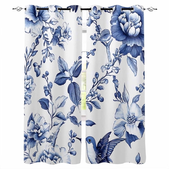 White Blue Spring Floral Blackout Curtains 54 Inches Long for Bedroom, Summer Botanical Hummingbird Thermal Insulated Room Darkening Black Out Window Curtain Panels Grommet Drapes for Living Room