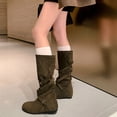 thumbnail image 3 of Strappy Knee High Boots Women Suede Round Toe Hidden Wedge Low Heel Mid Calf Booties Fall Winter Casual Pull on Stretch Long Boots, 3 of 6