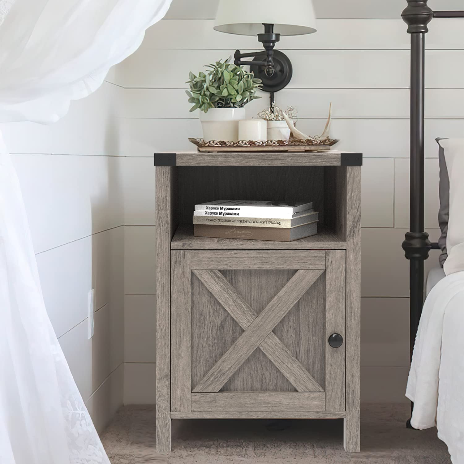 4 EVER WINNER Farmhouse Barn Door Side Table Set of 2, Rustic Gray End Table with Barn Door Storage, Bedside Table for Bedroom Living Room